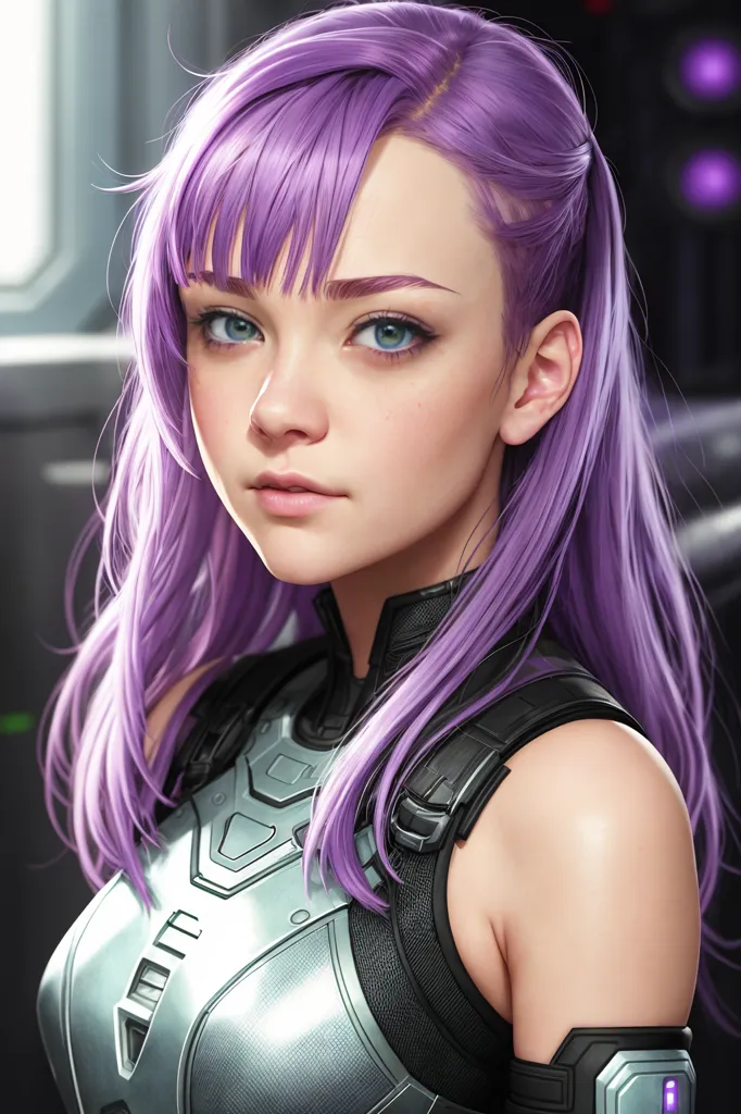 The image is a portrait of a young woman with purple hair and blue eyes. She is wearing a black and silver bodysuit. The woman has a serious expression on her face. She is looking at the viewer with her head tilted slightly to the right. The background is a blur of light and dark colors.