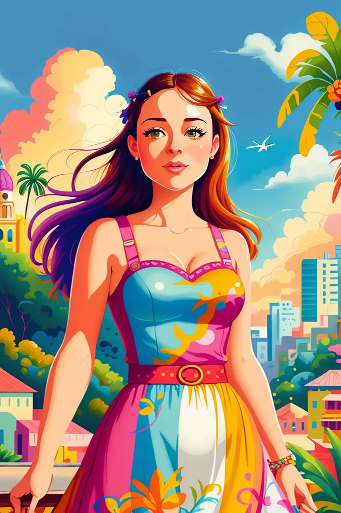 Esta é uma pintura digital de uma jovem mulher em pé em um cenário tropical. Ela está usando um vestido colorido e tem cabelos longos e ondulados. O fundo é um céu azul brilhante com nuvens brancas, palmeiras e uma cidade ao fundo. A mulher está sorrindo e parece feliz e despreocupada.