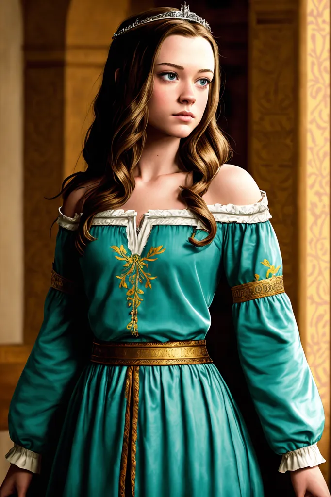 This image shows a young woman, with long wavy brown hair, wearing a blue and gold medieval dress with a white camisole and a gold belt. She is wearing a gold crown and has a serious expression on her face. The background is blurry, but it looks like there are pillars and arches in the background.