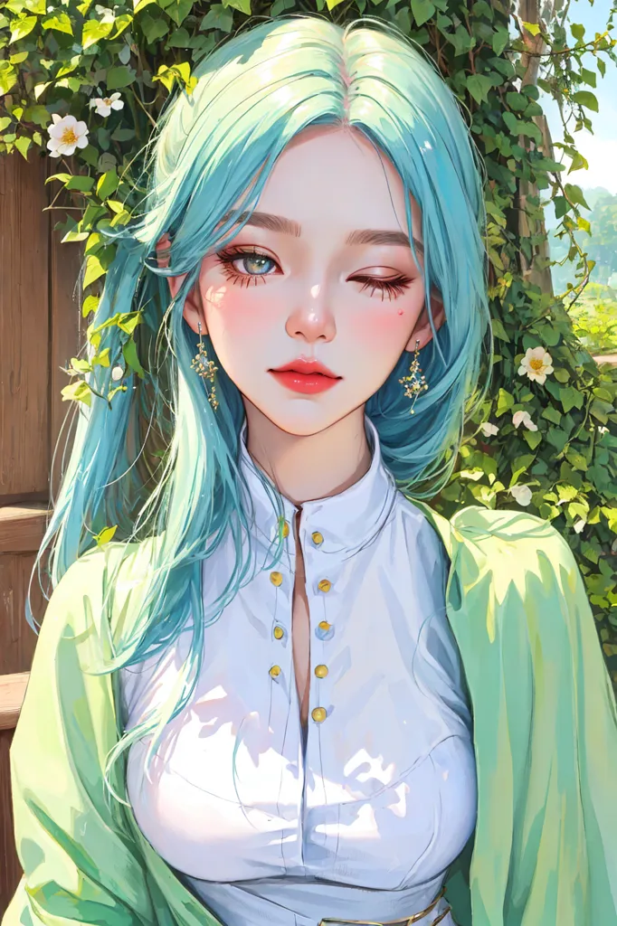 Gambar ini adalah lukisan digital seorang wanita muda dengan rambut turquoise panjang. Dia mengenakan blus putih dengan jaket hijau. Wanita itu memiliki senyum lembut di wajahnya dan berkedip dengan mata kirinya. Dia berdiri di depan pagar kayu dengan sulur-sulur hijau dan bunga-bunga putih yang tumbuh.