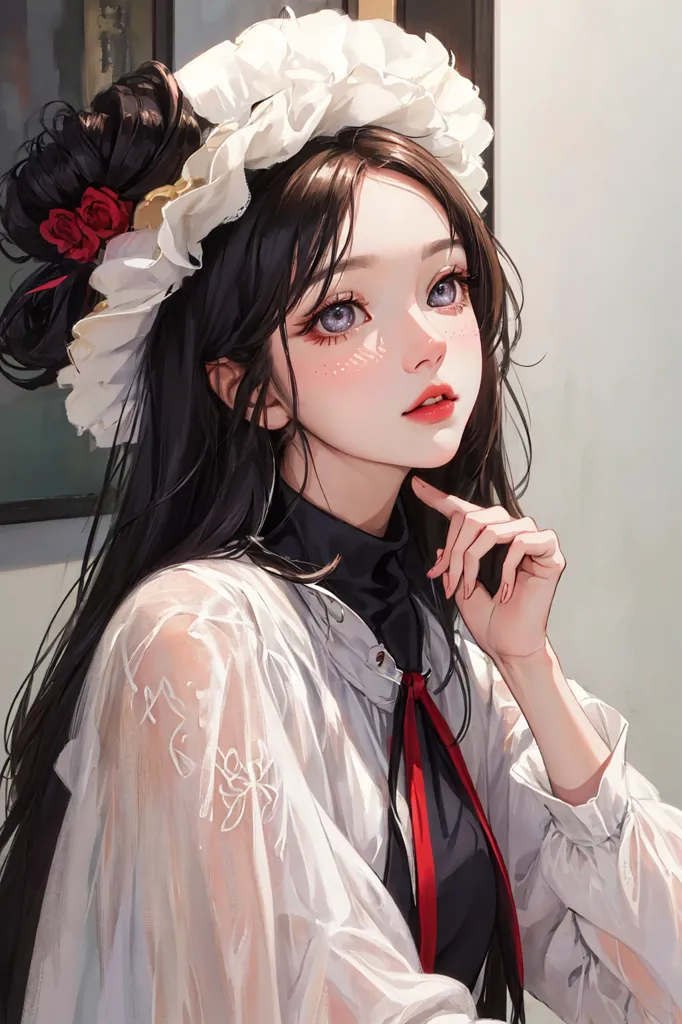 The image is a portrait of a young woman with long black hair and blue eyes. She is wearing a white blouse with a red ribbon and has a wreath of white flowers in her hair. She is looking at the viewer with a thoughtful expression. The background is a blur of light and dark colors.