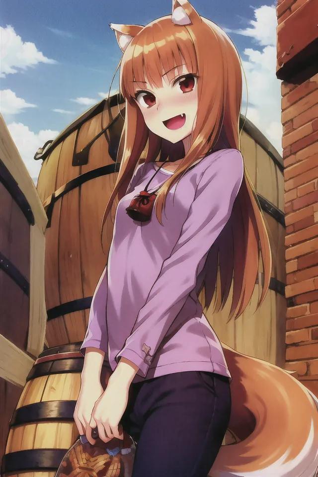 The image shows a young girl with long orange hair and fox ears. She is wearing a purple long-sleeved shirt and dark purple pants. She has a happy expression on her face and is standing in front of a brick building. There are also some barrels behind her.