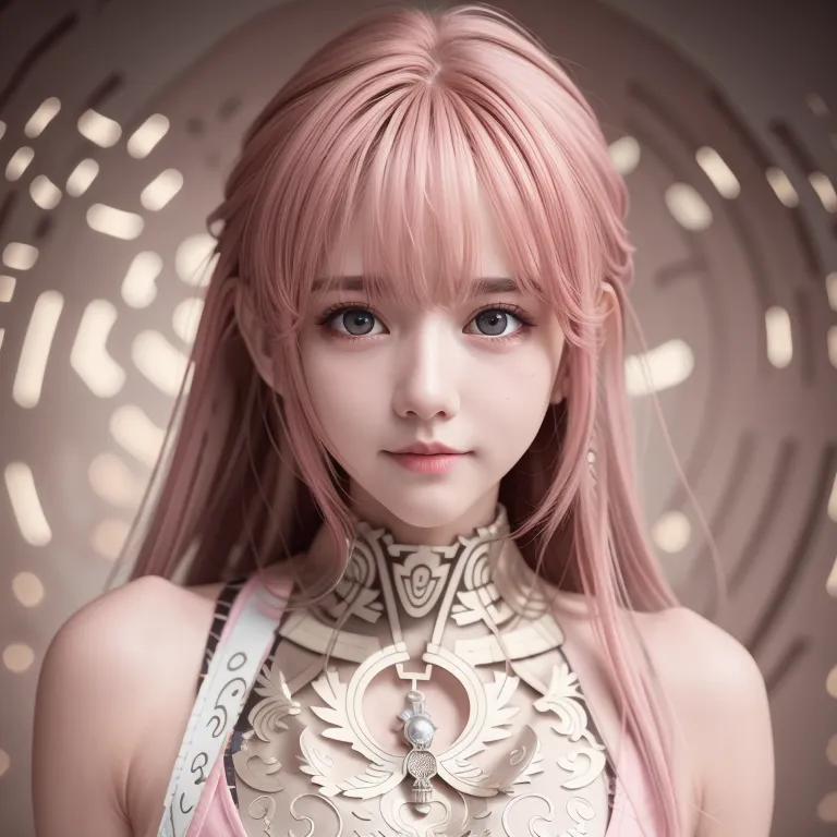 The image shows a young woman with long pink hair and gray eyes. She is wearing a white and pink outfit with a golden necklace. The background is a golden pattern. The woman has a soft smile on her face.