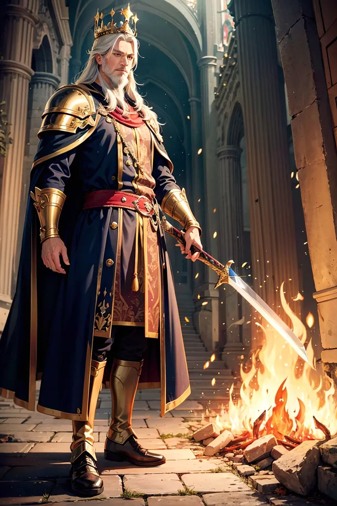 The image shows a tall, bearded man in a blue and gold royal outfit. He is wearing a golden crown and is holding a sword. There is a fire burning on the ground in front of him. He is standing in a grand hall with stone columns and arches.