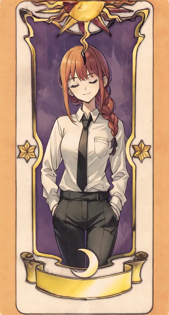 This is an illustration of a young woman with long red hair and brown eyes. She is wearing a white dress shirt, black pants, and a black tie. She has a braid in her hair and is looking down with a soft smile on her face. There is a sun and a crescent moon on either side of her head, and she is standing in front of a purple background.