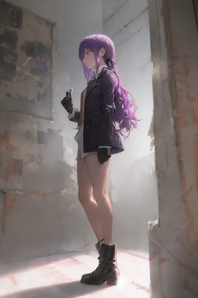 The image is a portrait of a young woman with purple hair, standing in a room with a white background. She is wearing a black suit jacket, a white shirt, and black boots. She has one hand in her pocket and the other extended. She is looking to the side with a serious expression on her face.