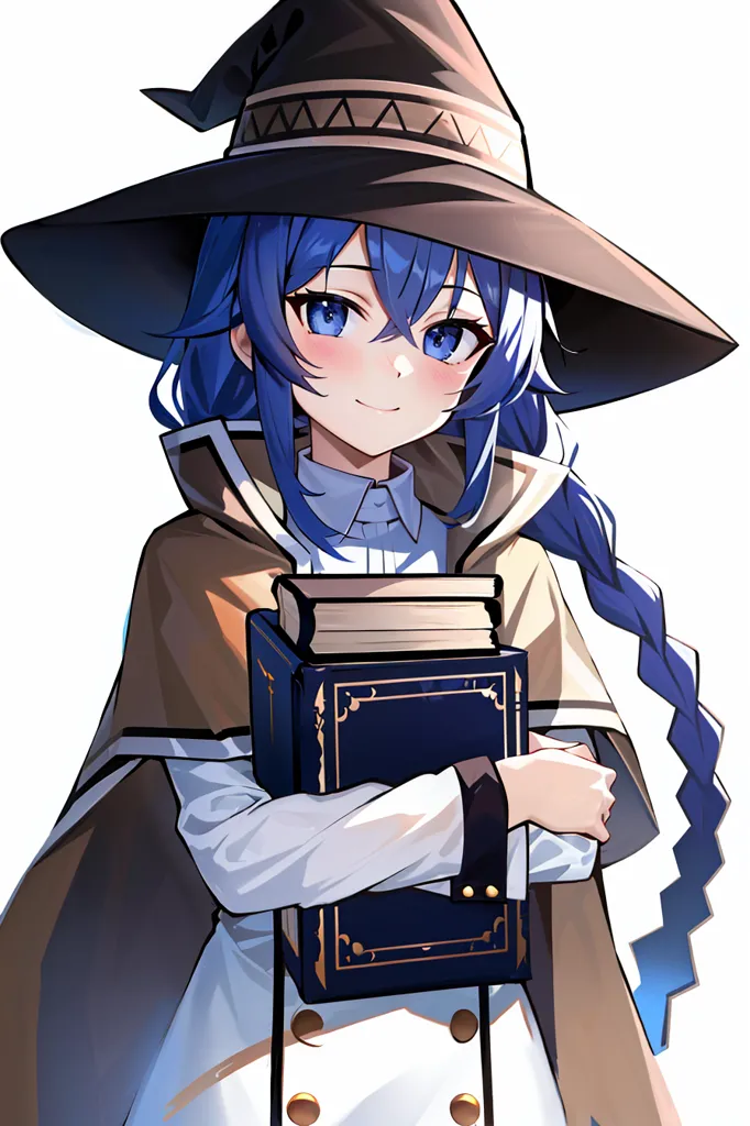 The image shows an anime-style girl with long blue hair and blue eyes. She is wearing a brown witch hat and a white shirt with a brown cape. She is holding a book in her arms and has a happy expression on her face.