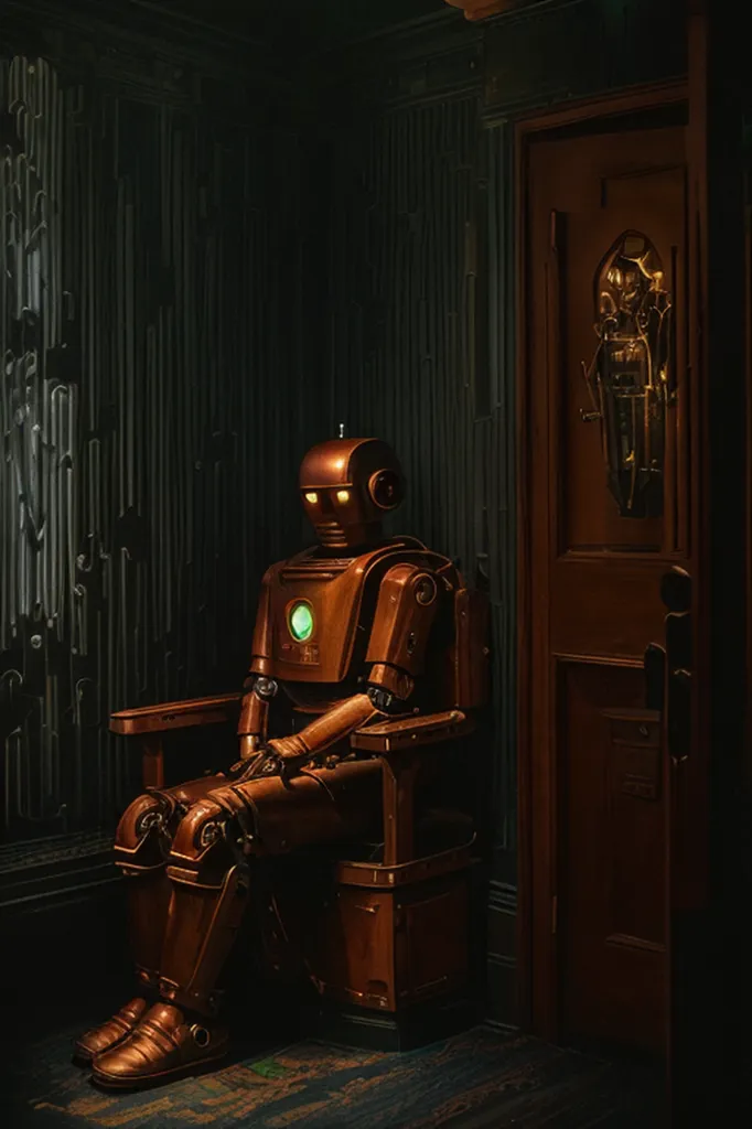 The image is a dark room with a robot sitting in a chair. The robot is made of metal and has a green light on its head. It is wearing a brown vest and brown boots. The room is paneled with dark wood and there is a door on the right side of the image.