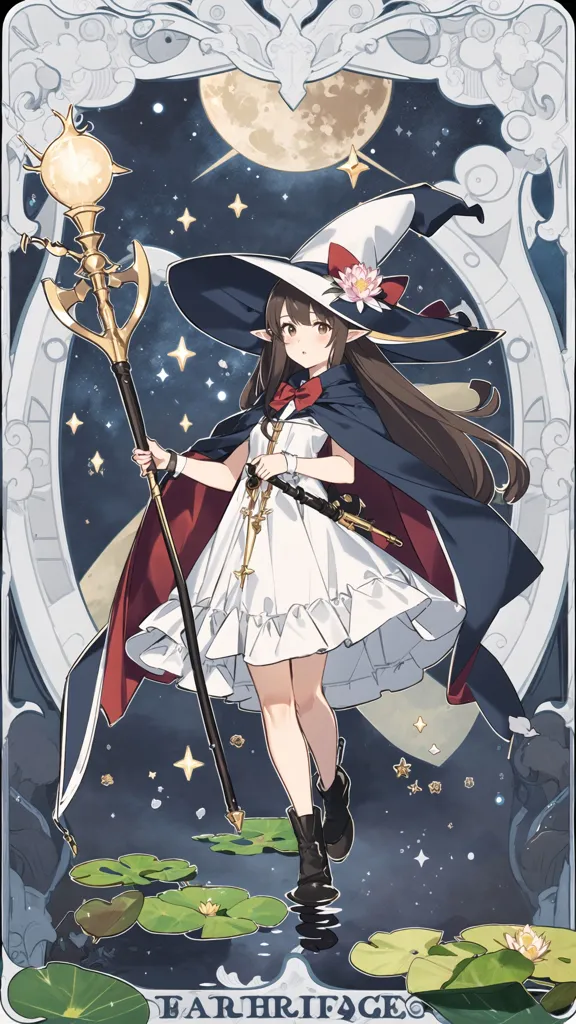 The image is of a young girl in a white dress and a blue cape. She has long brown hair and brown eyes. She is standing in a forest, and there is a full moon in the sky. She is holding a staff in her right hand. The staff has a crescent moon on the top. She is also wearing a necklace with a crescent moon on it. There are lily pads in the foreground of the image, and there is a large tree in the background.