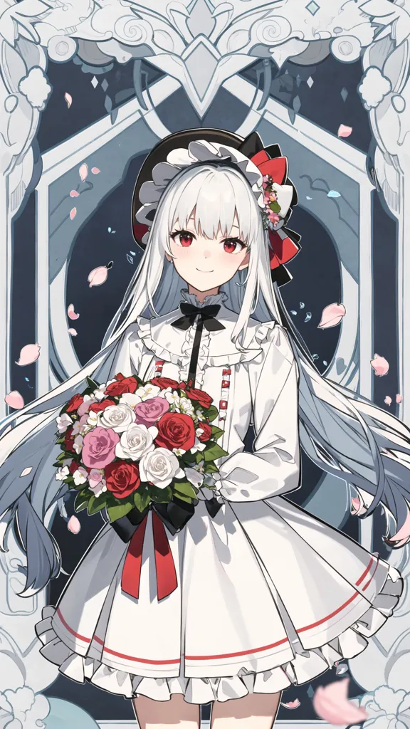 The image is a portrait of a young woman with long white hair and red eyes. She is wearing a white dress with a black ribbon at the waist and a black hat with a red ribbon. She is standing in front of a blue background with a white frame. The woman is holding a bouquet of red and white roses.