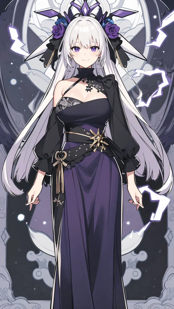 The image is of a beautiful woman with long white hair and purple eyes. She is wearing a black and purple dress with a high collar and a long skirt. The dress is decorated with gold and silver accents, and she is wearing a necklace with a large purple gem in the center. She is also wearing a pair of black gloves and a pair of black boots. Her hair is styled in a complex updo, and she has a small tiara on her head. She is standing in front of a dark background, and there is a bright light shining down on her.