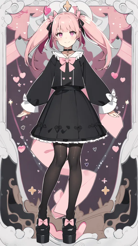 The image is of a girl with pink hair and black eyes. She is wearing a black dress with a pink bow and a white collar. She is also wearing black stockings and pink shoes. She is standing in front of a pink background with a white frame. There are hearts all around her.