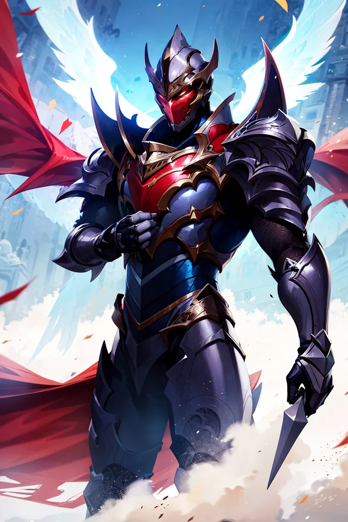 This is an image of a warrior. He is wearing a suit of armor that is red, blue, and silver. He has a red cape and there are white wings coming out of his back. He is also wearing a helmet that has a red visor. He is holding a sword in his right hand and there is a dagger in his left hand. He is standing in a snowy landscape and there are mountains in the background.