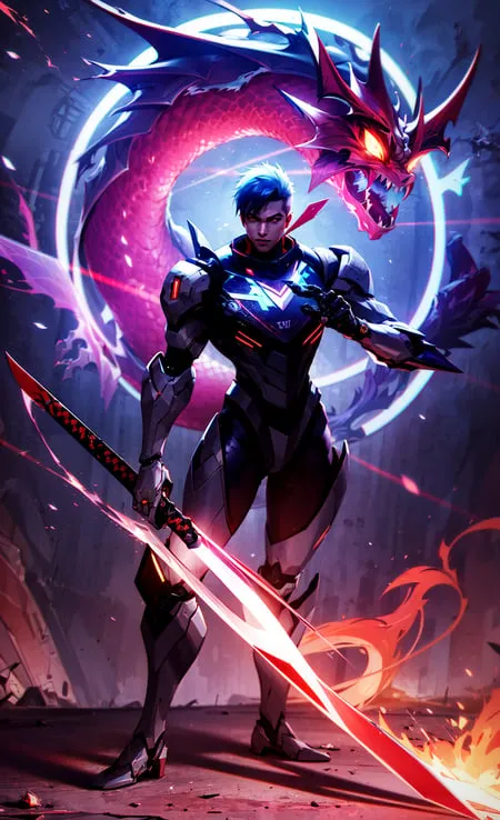 A young man with short blue hair is standing in a fighting stance, holding a large red and silver sword. He is wearing a black and blue bodysuit with silver armor. There is a large red and purple dragon behind him. The background is a dark, ruined city.