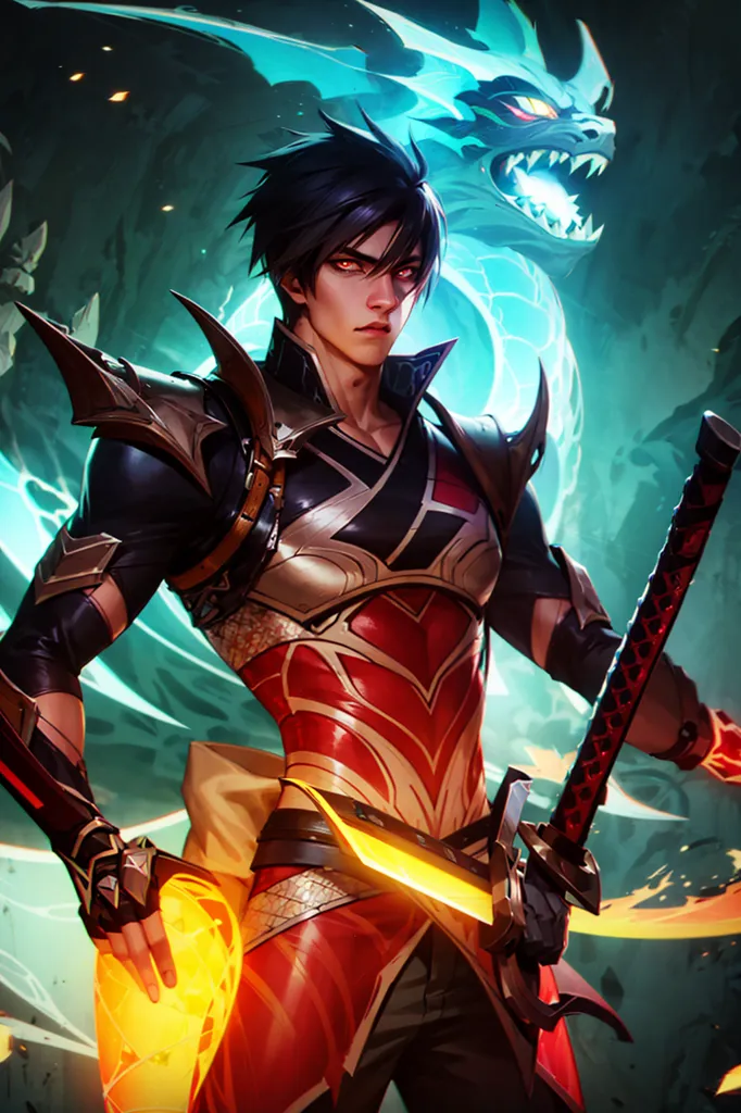 This is an image of a man with black hair and red eyes. He is wearing a red and gold outfit and is holding a sword and a dagger. There is a blue dragon behind him. The background is green and there are some rocks in the background.