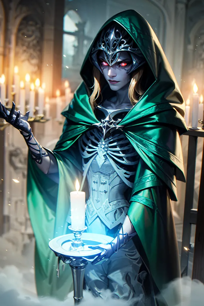 La imagen muestra una figura con una capa verde con capucha. La figura lleva un vestido blanco con un corsé. La persona está sosteniendo un candelabro de plata con una vela en sus manos. Hay muchas velas encendidas en el fondo. La cara de la figura está parcialmente cubierta por la capucha, pero se pueden ver ojos rojos brillantes.