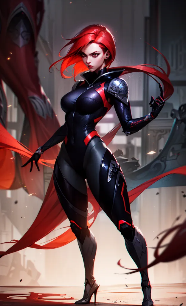 A imagem é de uma mulher com cabelos longos e vermelhos, vestindo um body preto e vermelho. Ela está em posição de luta, com o punho esquerdo levantado e a mão direita apontando para a frente. Ela tem uma expressão determinada no rosto e seus olhos estão brilhando em vermelho. O fundo é um borrão de vermelho e preto, com algumas luzes brilhantes ao fundo.