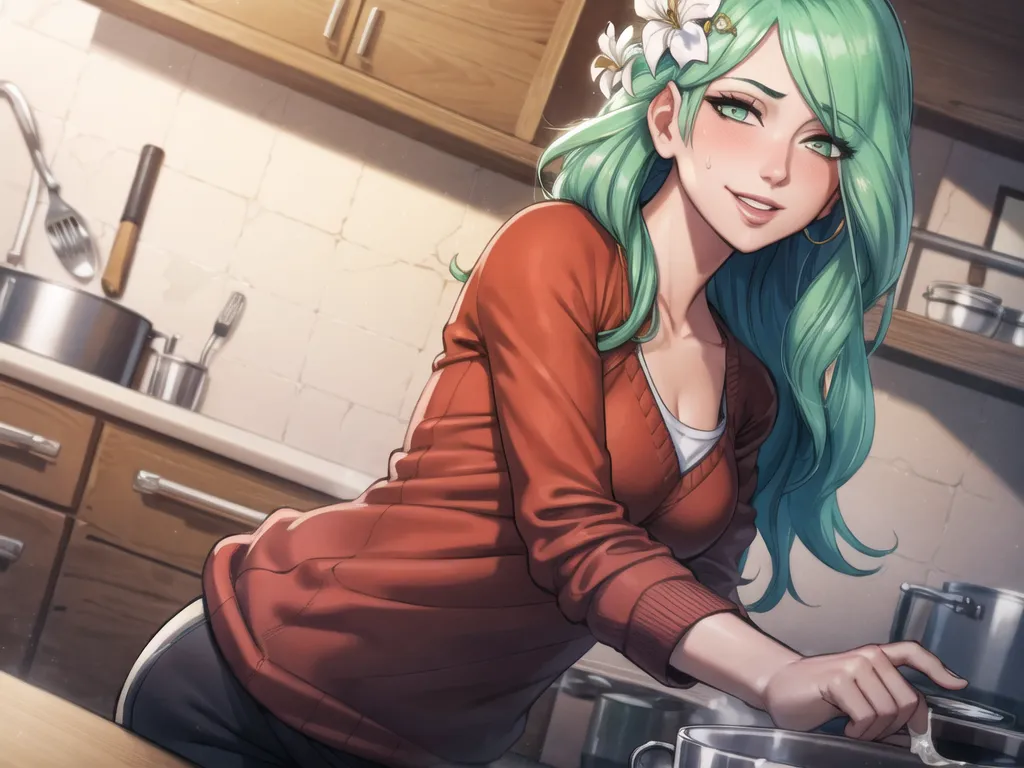 The image shows a woman with green hair and brown eyes in a kitchen. She is wearing a red sweater and white shirt. There are flowers in her hair. She has a gentle smile on her face as she looks at the pot she is stirring. The kitchen is decorated with wooden cabinets and white appliances.