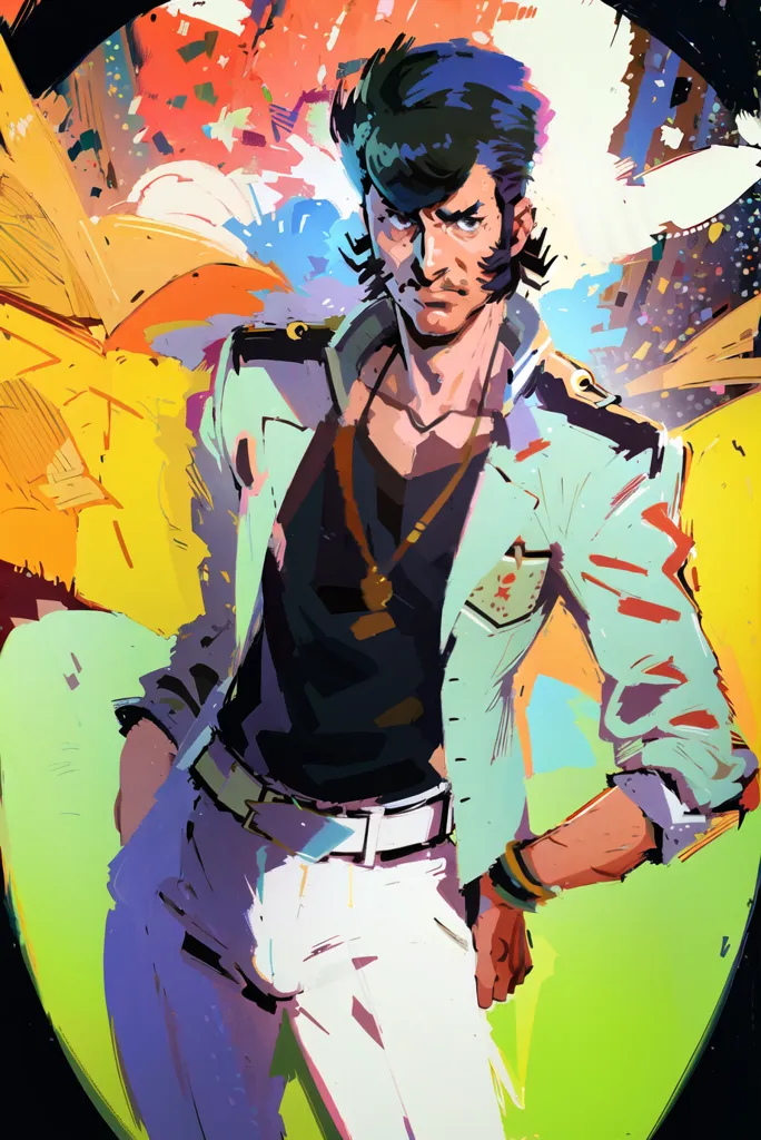 This is an illustration of a man with a mullet wearing a white and green jacket. The man is standing with his right hand on his hip and his left hand holding a cigarette. He is wearing a white belt and white pants. The background is a bright yellow.