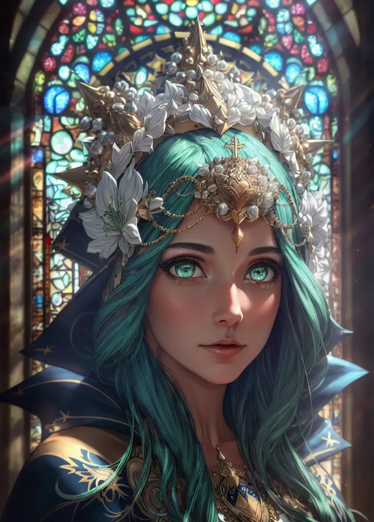 The image is a painting of a young woman with long green hair. She is wearing a blue and gold dress with a white flower crown on her head. She has green eyes and is looking at the viewer with a serious expression. The background is a stained glass window with blue and green colors.