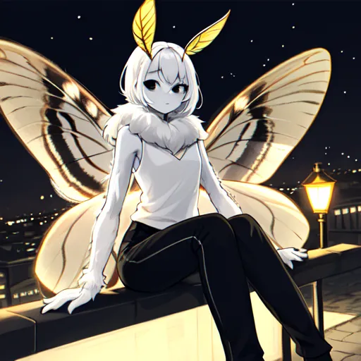 The image is of a moth girl sitting on a ledge in front of a city at night. She is wearing a white tank top and black pants. She has long white hair and yellow eyes. Her wings are spread out behind her and they are a light gray color with yellow tips. She is looking down at the city below her with a peaceful expression on her face.