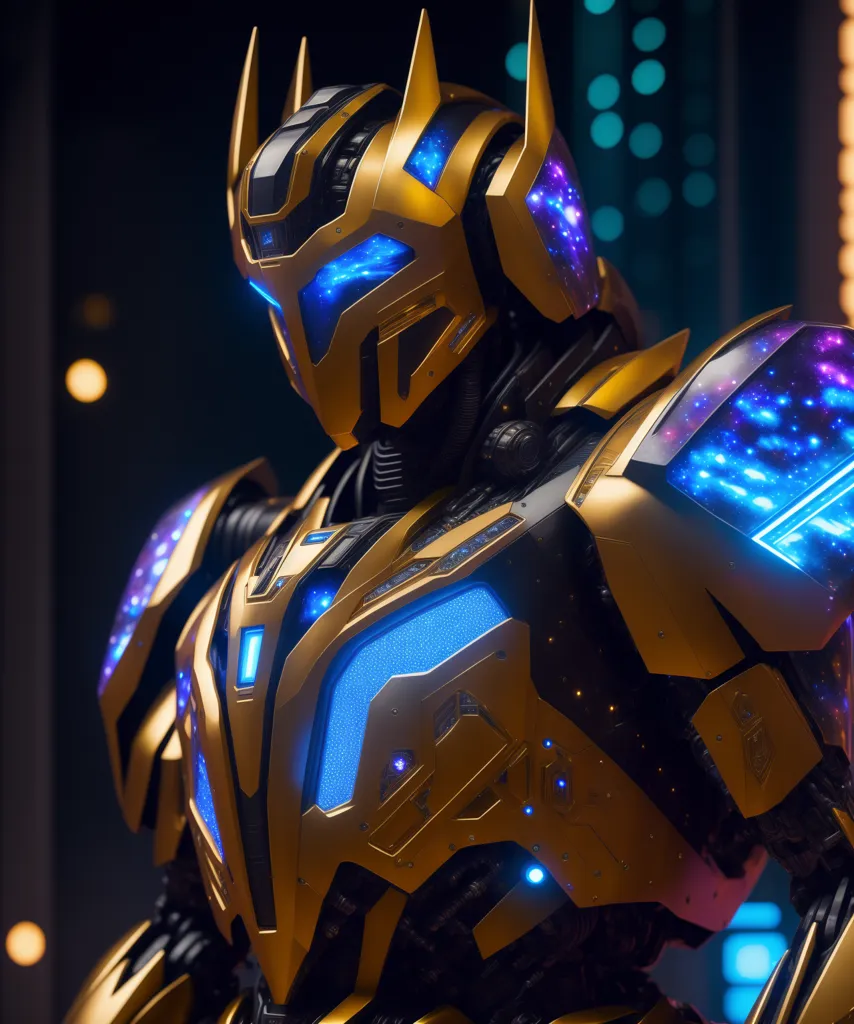 The image shows a robot wearing a golden armor with blue lights on its chest and head. The robot is standing in a dark room with blue lights in the background. The robot's eyes are glowing blue. The robot looks like it is from the future.