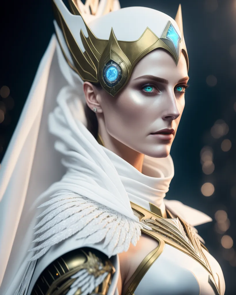 This is an image of a woman with white hair and blue eyes. She is wearing a white and gold headdress with a blue crystal in the center. She is also wearing a white and gold chest plate with a white cape. She has a serious expression on her face.