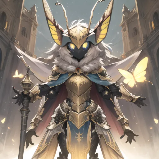 The image is of a moth-like creature standing in a grand hall. The creature is wearing golden armor and has large, feathery wings. It is holding a staff in its hands. The hall is decorated with intricate carvings and there are several large windows.