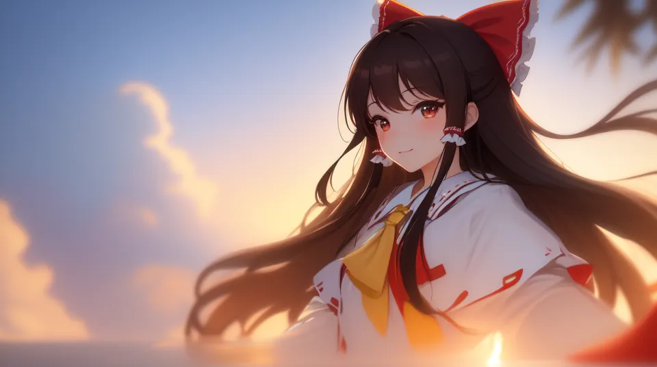 The image is a painting of a young woman with long brown hair and brown eyes. She is wearing a red and white kimono with a yellow obi. She has a red bow in her hair and is smiling. The background is a sunset over the ocean. The painting is in a realistic style and the colors are vibrant and saturated.