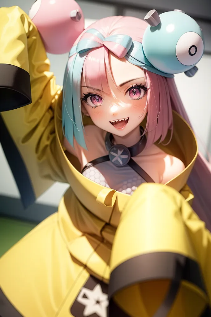 The image is of a young woman with pink and blue hair. She is wearing a yellow raincoat and has a large grin on her face. She is also wearing a pair of goggles that are shaped like the face of a Magnemite.