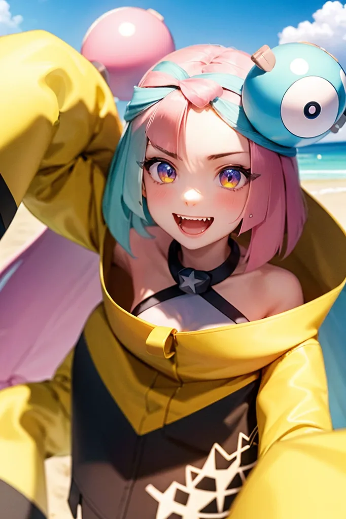 The image is of a young woman with pink and blue hair. She is wearing a yellow jacket and a black swimsuit. She has a big smile on her face and is holding a pink and blue ball. There is a small blue creature with a star on its head on the right side of her head. They are at the beach and there is water and sand in the background.