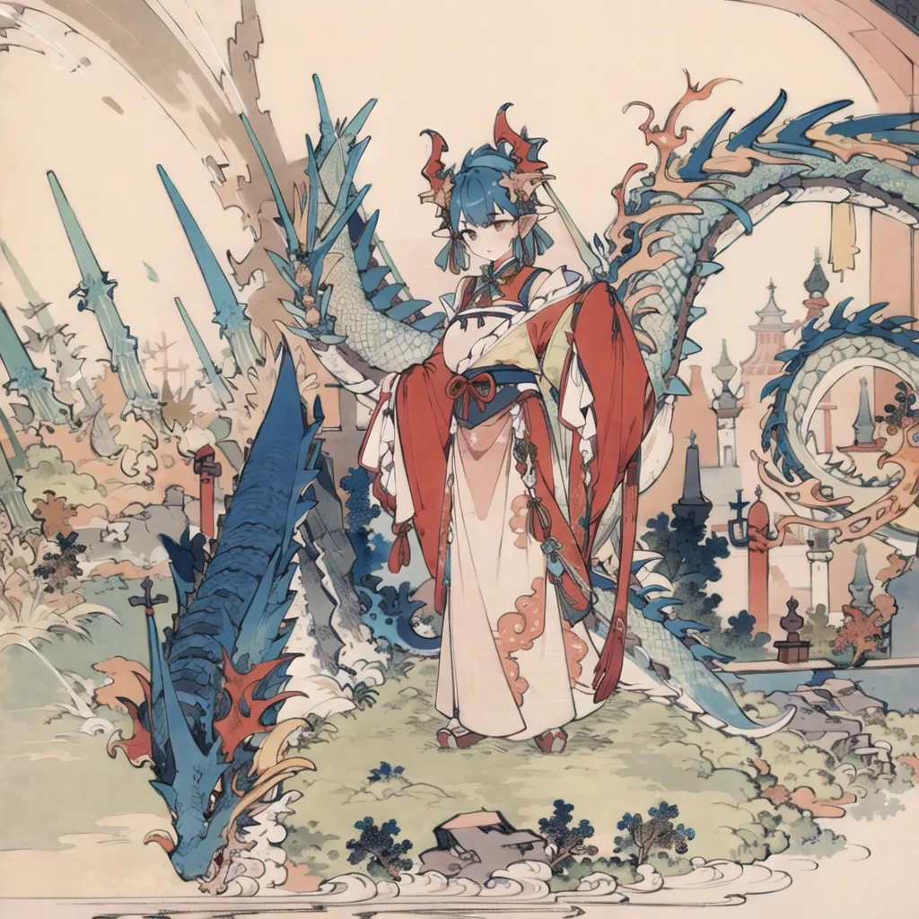 L'image représente une jeune femme aux cheveux bleus et aux yeux rouges. Elle porte un kimono blanc avec un obi rouge. Elle a un tatouage de dragon sur le bras droit. Elle se tient debout dans un champ de fleurs. Il y a un dragon bleu derrière elle. Le dragon a un corps long et serpentin avec une grosse tête dotée de cornes. Le dragon repose sa tête au sol et regarde la femme. La femme sourit au dragon. L'image est réalisée dans un style traditionnel japonais.