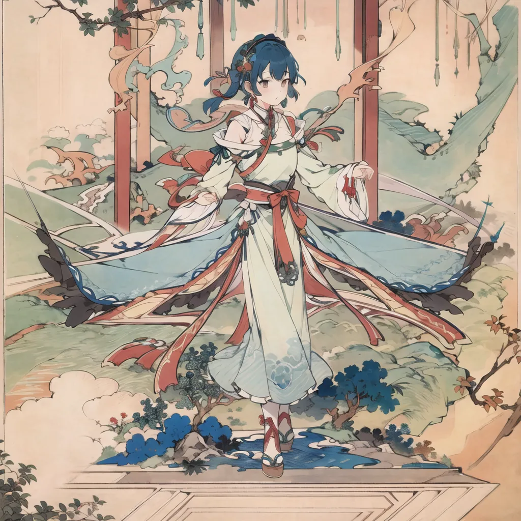 La imagen es de una chica de estilo anime con cabello azul y ojos azules. Lleva un kimono blanco y azul con un cinturón rojo y tiene un pasador en el cabello. Está de pie sobre una plataforma de piedra en un jardín, con un árbol grande detrás de ella. El fondo es un paisaje de estilo chino con montañas y nubes.