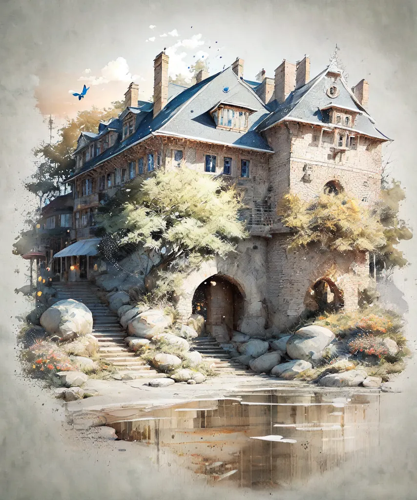 The image is of a large, imposing stone manor house. It has a grey stone exterior, with many large windows and a blue roof. The house is surrounded by trees and shrubs, and there is a large pond in front of it. A blue butterfly is flitting about in the foreground, and there are some large rocks and boulders scattered around. The overall effect of the image is one of peace and tranquility.