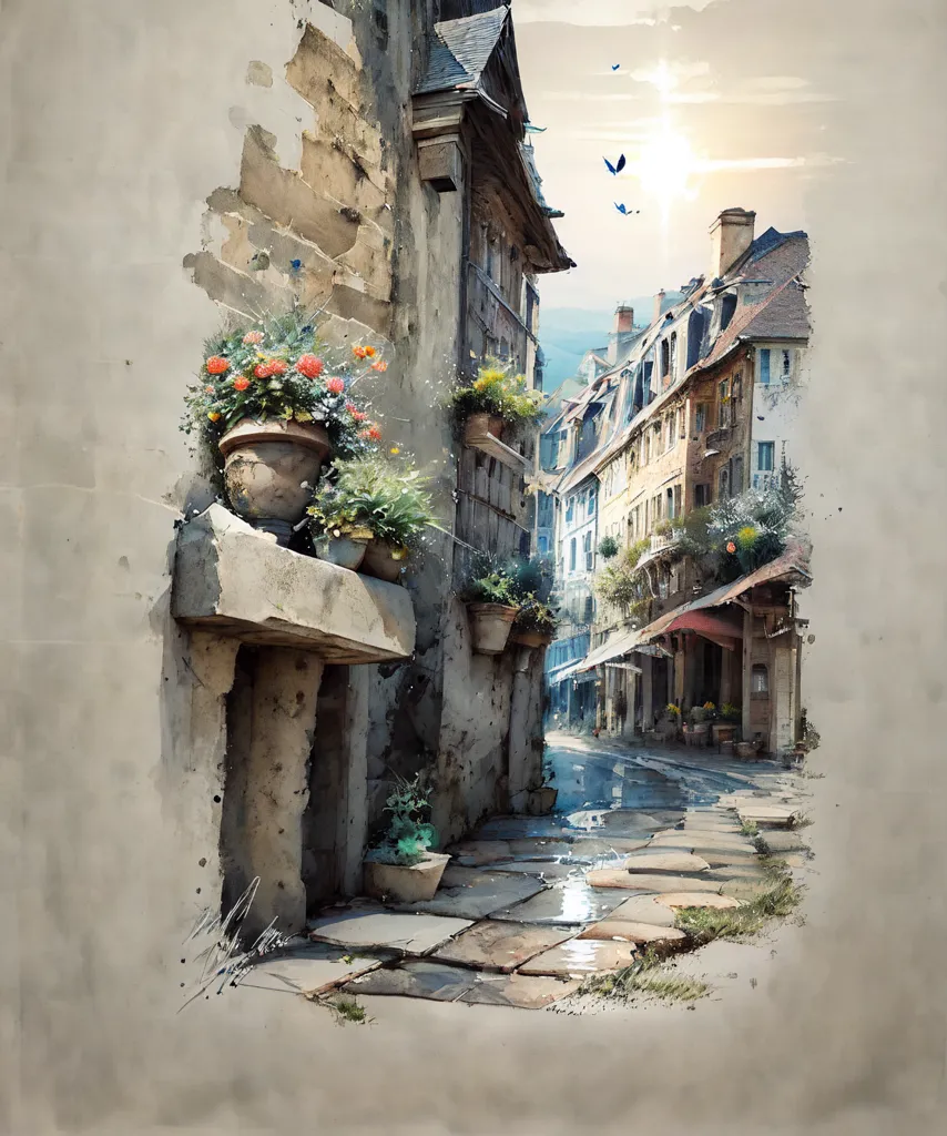 The image is a watercolor painting of a street in a European town. The street is narrow and cobbled, and lined with old buildings. There are flowers in pots on the windowsills, and a few trees growing in the street. The sky is blue and there is a bright sun shining. The painting has a warm and inviting atmosphere.