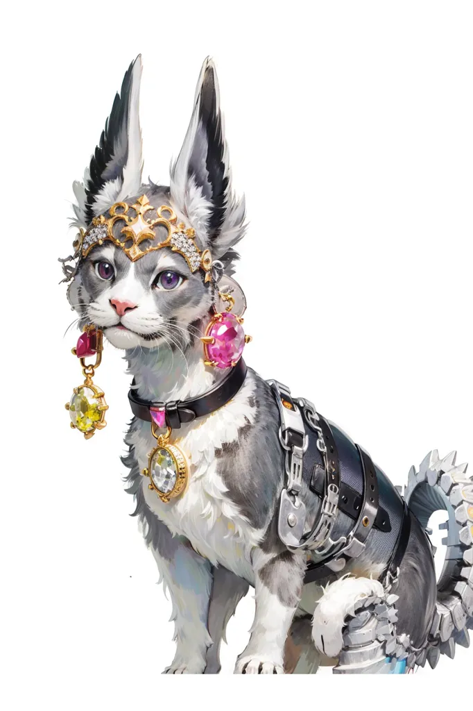 The image shows a cat-like creature with grey fur, large rabbit-like ears, and purple eyes. It is wearing a golden crown, a pink collar with a large gem on it, and various other pieces of jewelry. The creature is sitting on a white surface and is looking at the viewer with a curious expression.