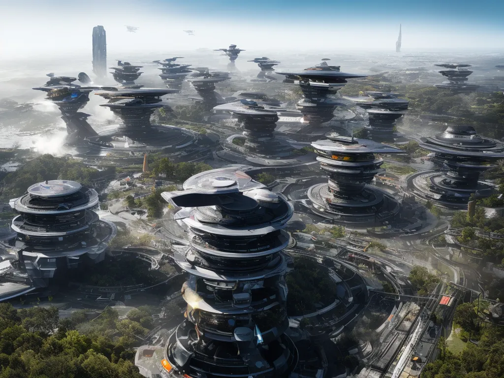 The image shows a futuristic city with many large, round buildings. The buildings are all made of metal and glass and have a lot of vegetation on their roofs. There are also many flying cars and other vehicles in the city. In the background, there is a large forest.