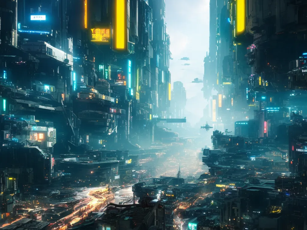 The image shows a futuristic city with tall buildings, flying cars, and neon lights. The city is very crowded and polluted. The buildings are all different shapes and sizes, and they are all made of metal and glass. The streets are filled with people and cars, and the air is filled with the sound of traffic. The city is very bright, and the lights from the buildings and the cars create a colorful blur. The image is very detailed, and it is clear that the artist has put a lot of thought into creating it.