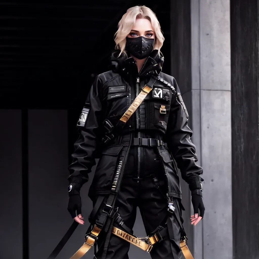 The image shows a woman wearing a black mask, a black jacket, and black pants. The jacket has yellow straps and buckles. She is also wearing a black harness with yellow buckles. The woman is standing in a dark room with a concrete wall in the background.