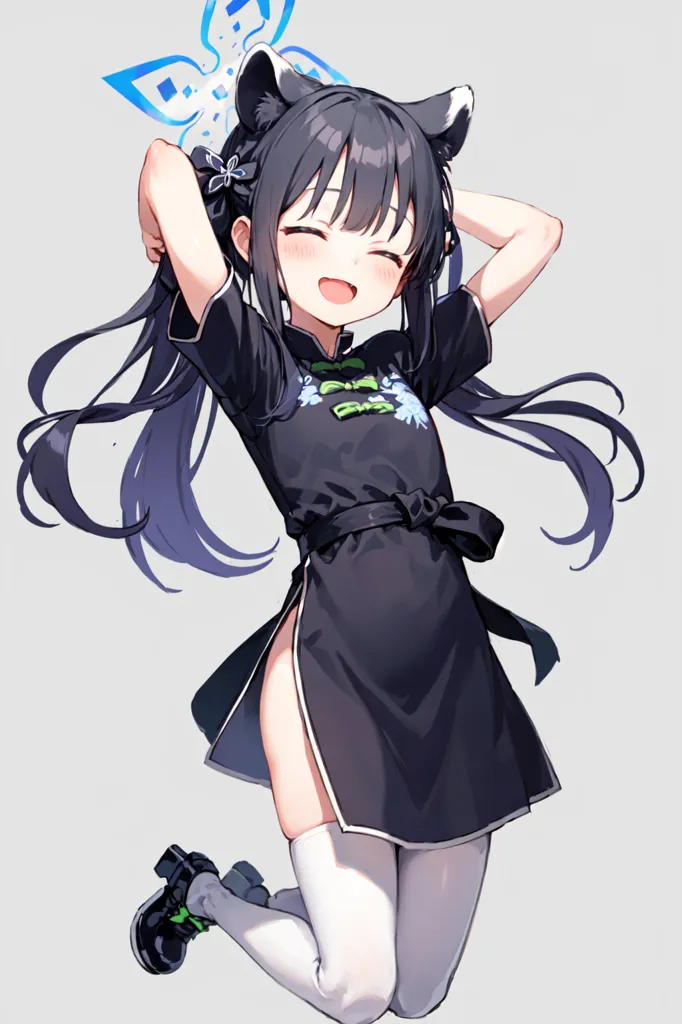 The image depicts an anime-style girl with black hair and cat ears. She is wearing a black cheongsam-style dress with white trim and green and blue accents. The dress has a high collar and a slit above the knee, exposing her thighs. She is also wearing white thigh-high socks and black Mary Jane shoes with green soles. The girl is smiling and has her hands raised to her head, and she appears to be excited or happy.