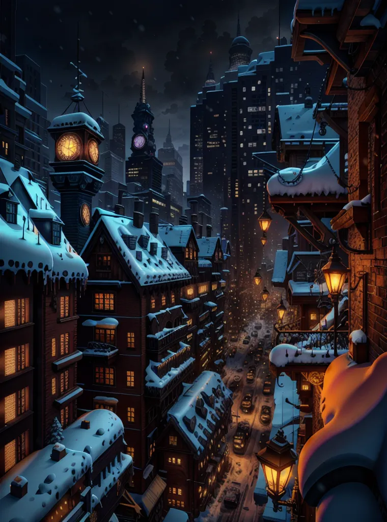 The image shows a street in a snowy city at night. The street is lined with buildings of various heights, all of which are covered in snow. There is a clock tower in the background, and the street lights are on. There are cars driving on the street, and people are walking on the sidewalks. The snow is falling heavily, and it is covering the ground and the trees. The image is very detailed, and it captures the beauty of a winter city.