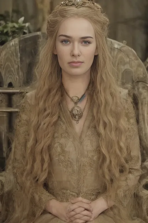 The picture shows a young woman with long, wavy blonde hair sitting on a throne. She is wearing an elaborate gold dress with a high collar and a long skirt. The dress is embroidered with intricate designs and has a scalloped hem. She is also wearing a gold necklace with a large pendant in the center. The woman has a serious expression on her face and is looking directly at the viewer. She is likely a queen or other type of noblewoman.