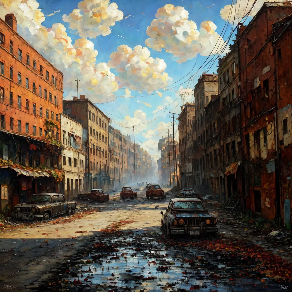 The image shows an abandoned city street with ruined buildings, abandoned cars, and overgrown vegetation. The sky is cloudy and there is a sense of desolation and emptiness. The painting is done in a realistic style and the details are very well rendered. The colors are muted and the overall effect is one of gloom and hopelessness.