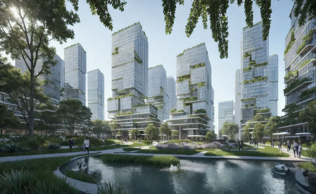 The image shows a city with many skyscrapers. The buildings are made of glass and steel and have a lot of plants growing on them. There are trees and green spaces between the buildings. There are people walking around and enjoying the city. The city looks very clean and modern.