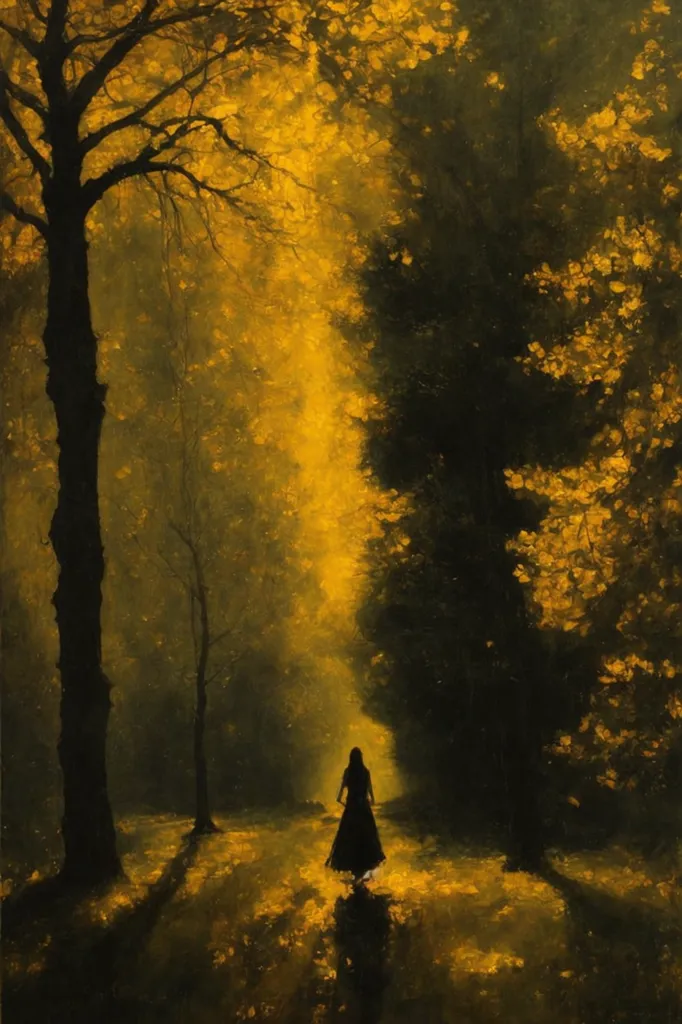 This is a painting of a woman walking down a path in a forest. The trees are tall and bare, and the only light comes from a few rays of sunlight shining through the trees. The woman is wearing a long black dress, and her hair is long and flowing. She is walking with her head down, and her eyes are closed. The painting is full of mystery and intrigue, and it leaves the viewer wondering what the woman is doing and where she is going.