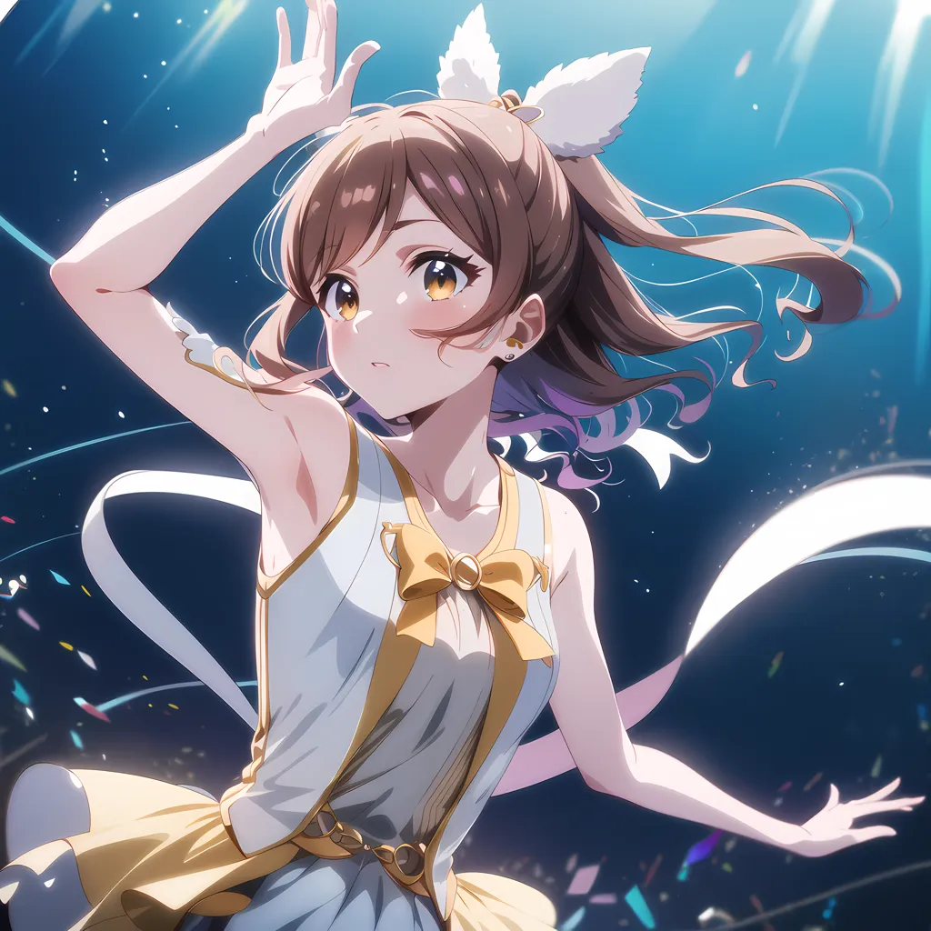 This is an image of a young girl with long brown hair and brown eyes. She is wearing a white and yellow dress with a big yellow bow on the chest. She also has a pair of white and yellow bunny ears on her head. She is standing on a stage with her arms in the air, and there are colorful lights and confetti falling around her. She has a happy expression on her face, and it looks like she is enjoying her performance.