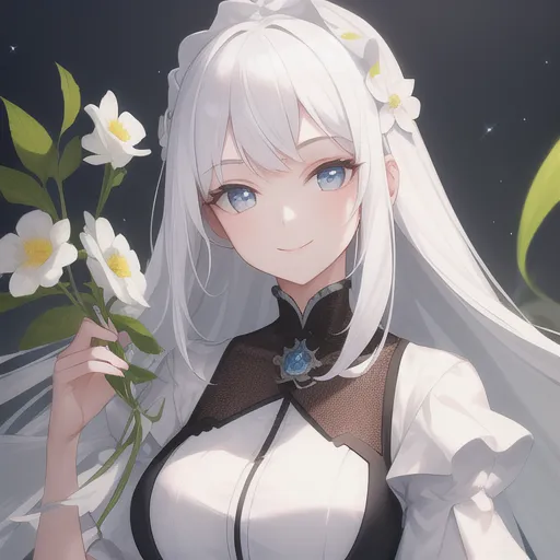 This is an image of a beautiful anime girl with long white hair and blue eyes. She is wearing a white dress with a black choker and a blue gem at the center of her chest. There are white flowers in her hair and she is holding a bouquet of white flowers. She has a gentle smile on her face.