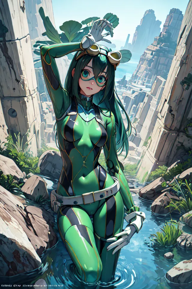 The image is of a young woman standing in a river. She is wearing a green and black skin-tight suit with a belt and goggles. She has long green hair and green eyes. She is standing in a river, with large rocks on the banks. There is a large rock wall in the background. The water in the river is clear and blue. The image is in a realistic style, and the woman is drawn in a moe style.