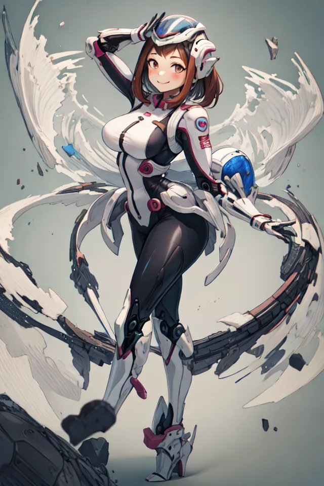 The image is of a young girl in a white and black bodysuit with a red and blue helmet. The girl has brown hair and green eyes, and she is smiling. She is standing with her arms outstretched, and there is a large white swirl of energy behind her. The girl is surrounded by small, white, glowing objects.