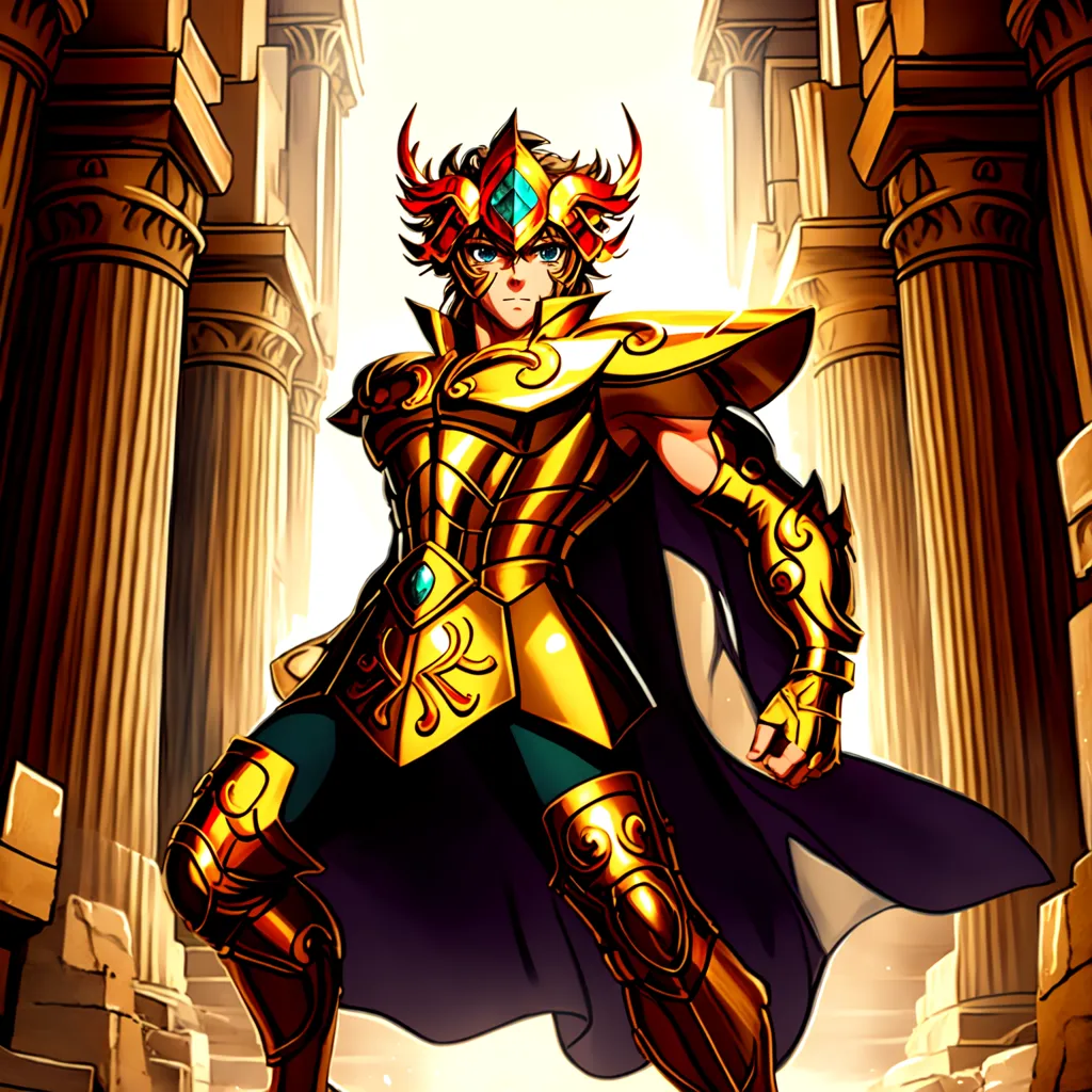 The image shows a young man with long blond hair and blue eyes. He is wearing a golden armor and a red cape. He is standing in a temple, surrounded by columns. There is a glow around him.